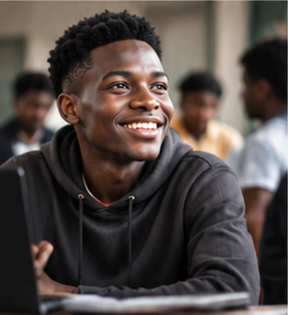 A young man smiling at a laptop in a classroom